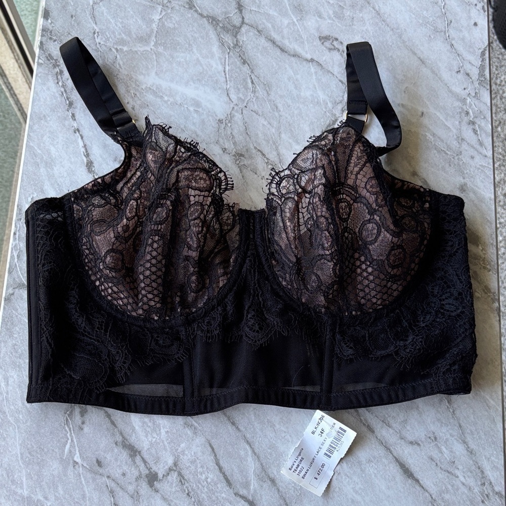 NWT TEAMORE Swan Luxury Lace Sexy Bustier in black/nude size 34F